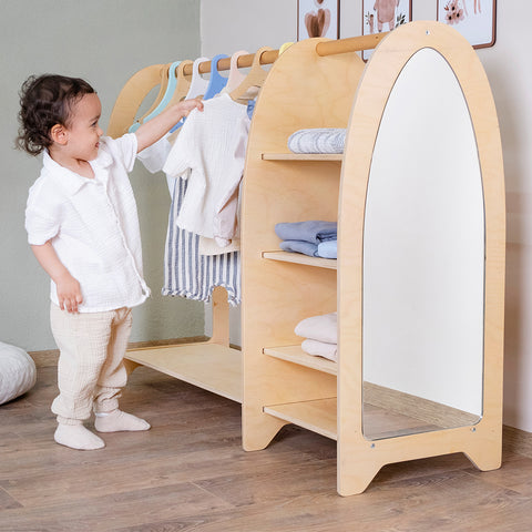 Montessori Doğal Ahşap Aynalı Çocuk Dolabı