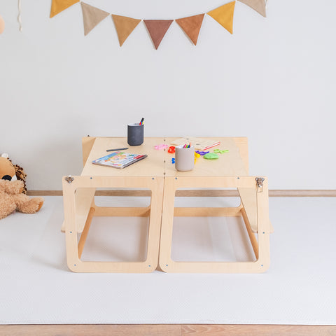 Montessori İkizler İçin Doğal Ahşap Öğrenme Kulesi
