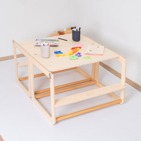 Montessori İkizler İçin Doğal Ahşap Öğrenme Kulesi